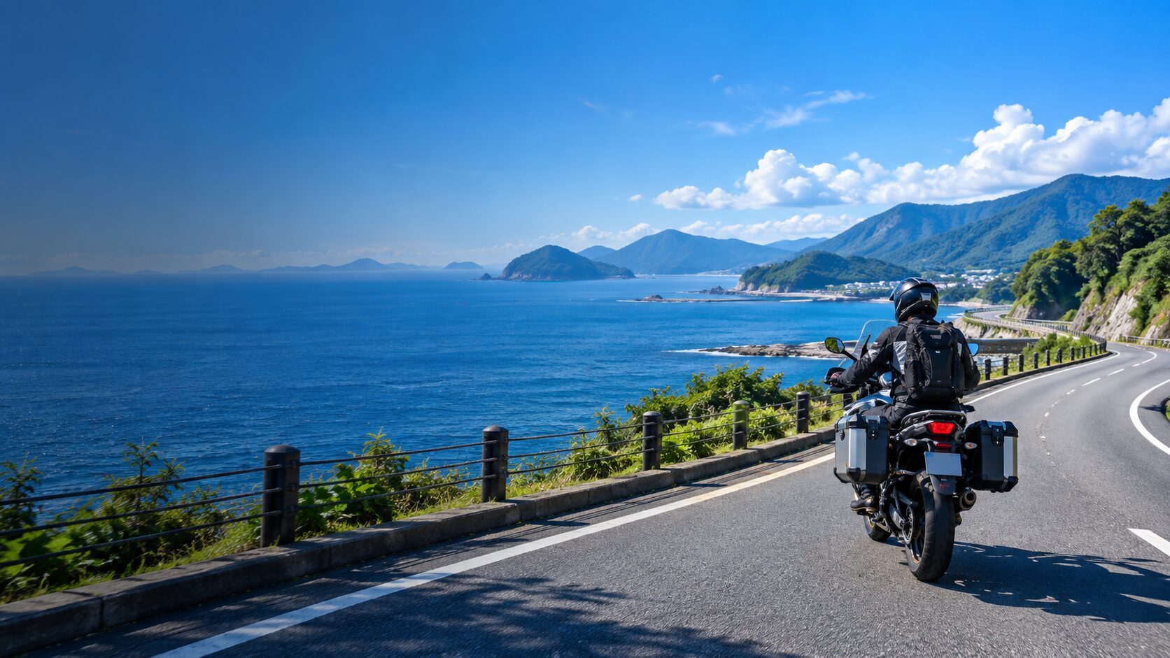 A rider on a coastal road in Japan